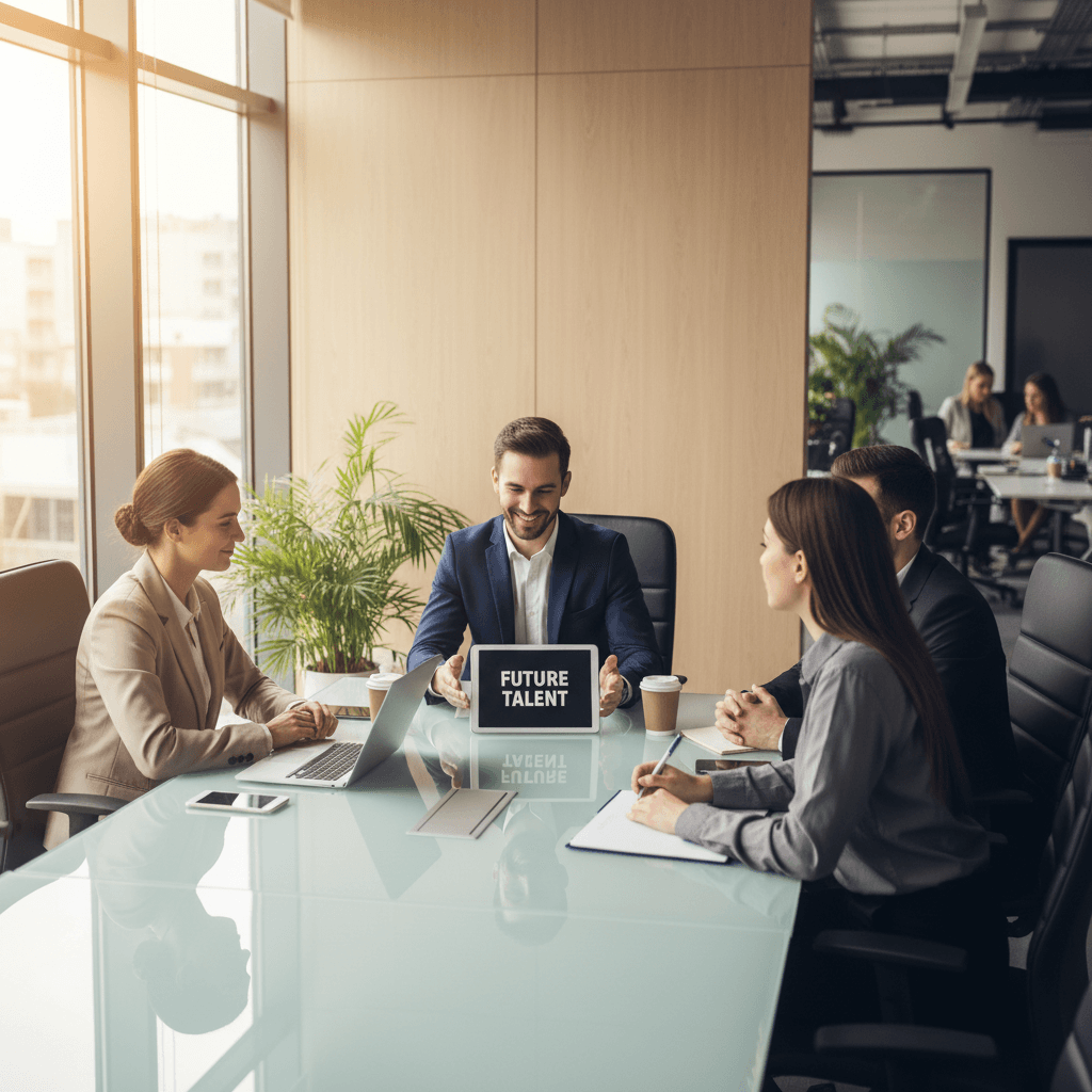 Recruitment team conducting structured interview in bright professional office