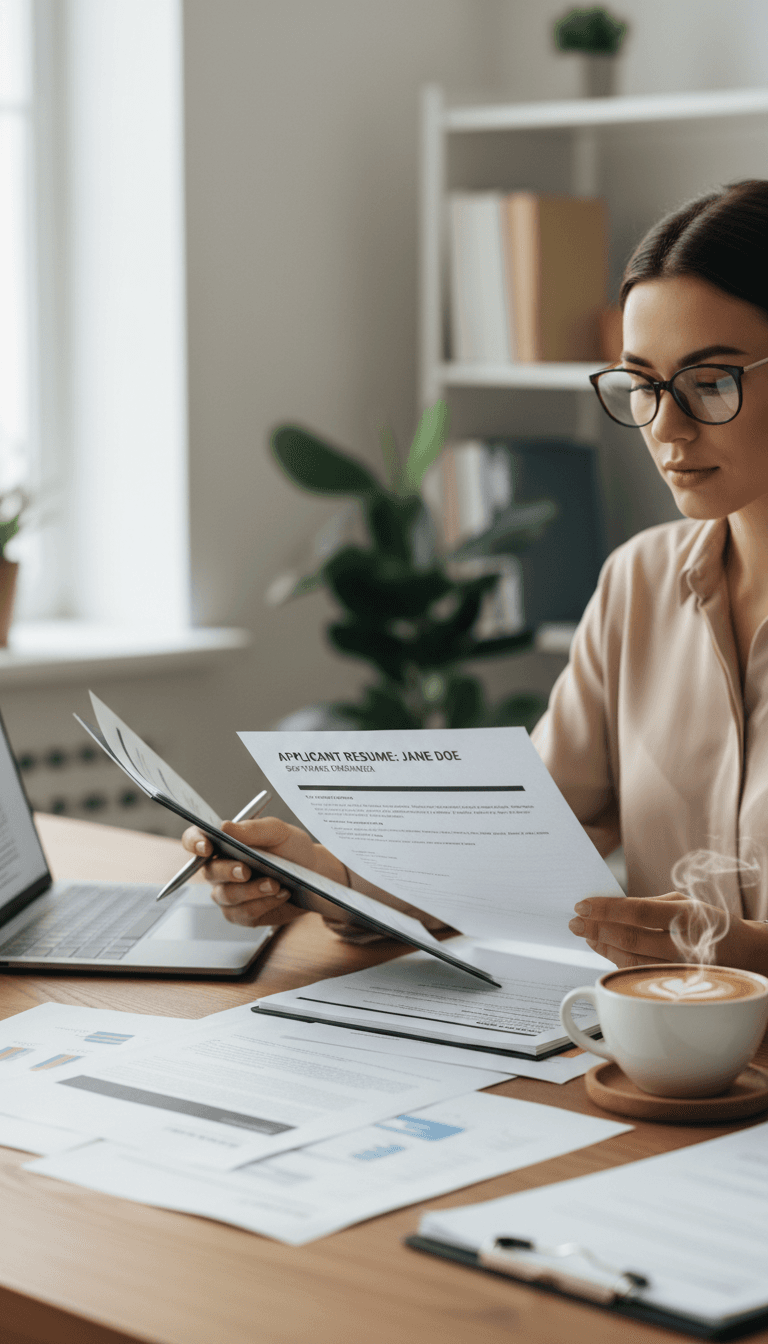 HR professional reviewing candidate qualifications at organized workspace